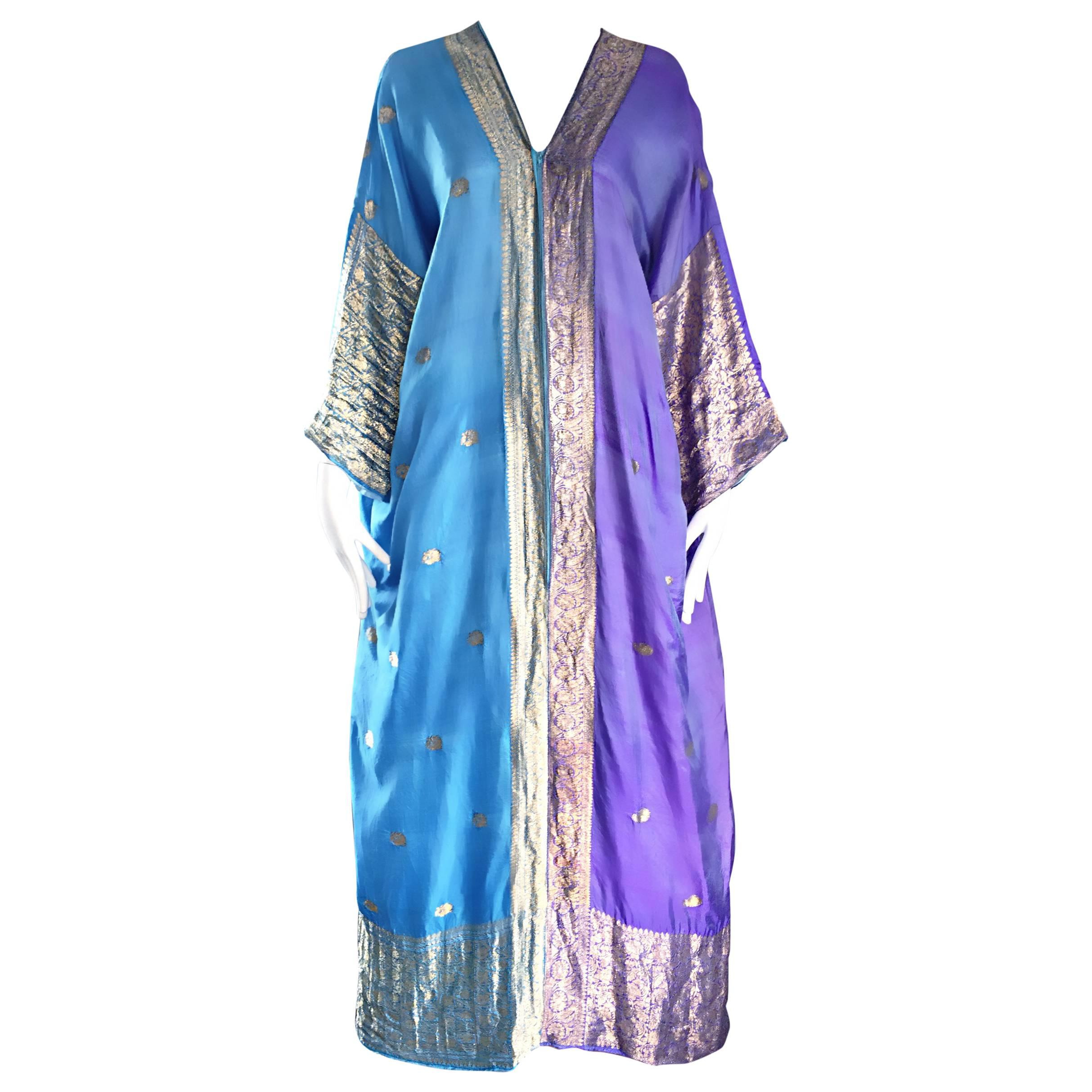 Amazing 1970s Purple, Blue and Gold Raw Silk Indian Inspired 70s Kaftan Dress 