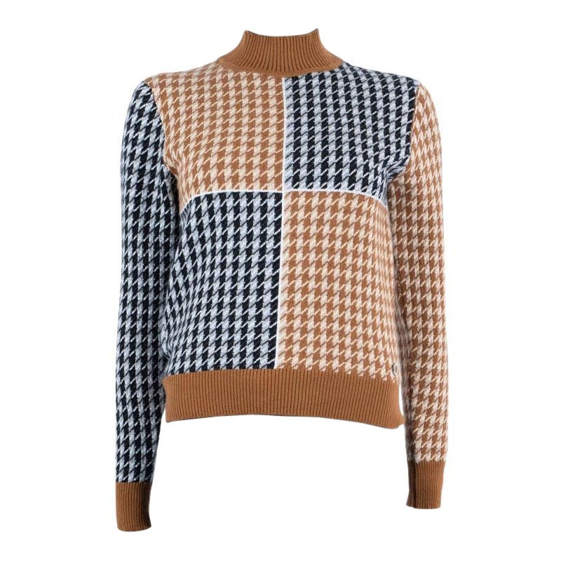HERMES camel & navy cashmere 2019 HOUNDSTOOTH MOCK NECK Sweater 34 XS For Sale