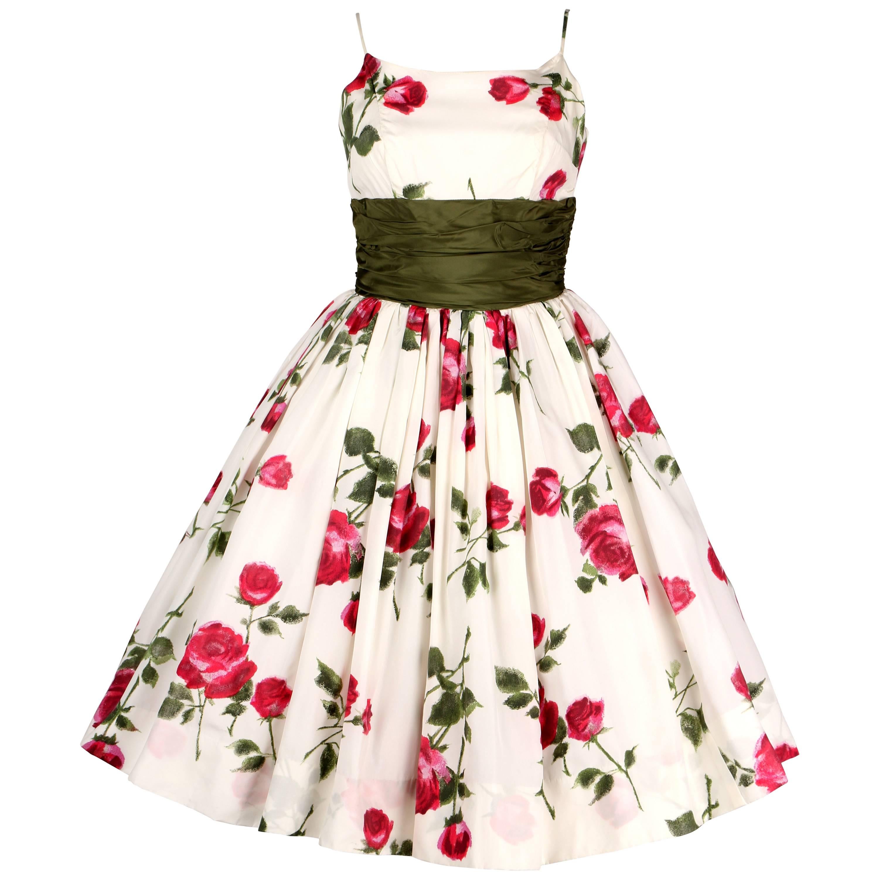 1950s Rose Garden White Floral Classic Green Taffeta Bow Tea Length Party Dress
