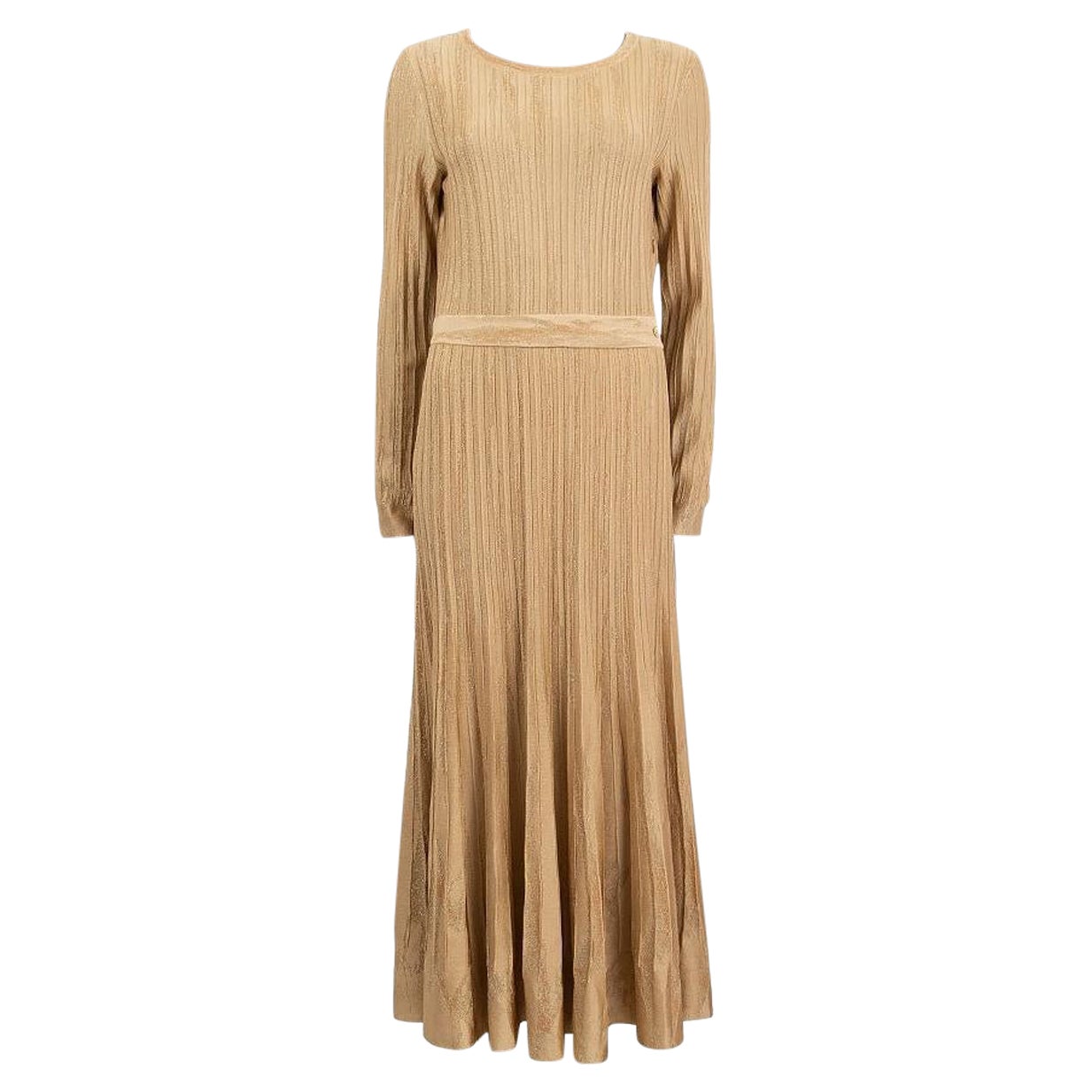 CHANEL gold viscose 2016 ROME PLEATED LUREX MAXI Knit Dress 42 L For Sale