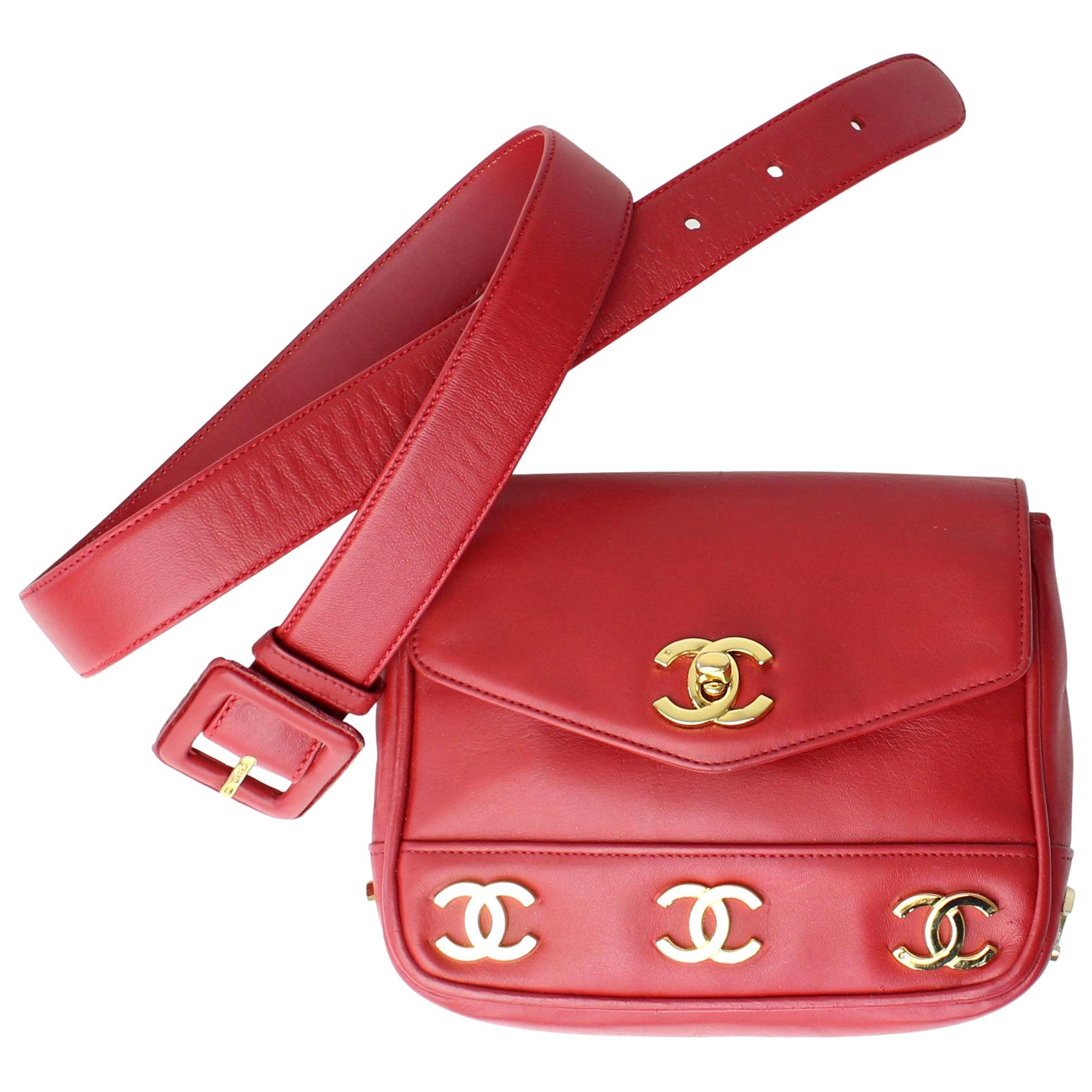 Chanel Vintage 1991 Rare Red Triple Cc Logos Waist Belt Fanny