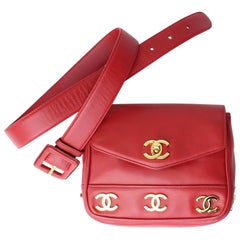 Chanel Vintage 1991 Rare Red Triple Cc Logos Waist Belt Fanny Pack Bum Bag 