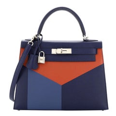 Hermes Kelly Lettre Handbag Blue Epsom with Palladium Hardware 28