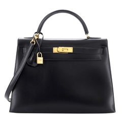 Hermes Kelly Handbag Noir Box Calf with Gold Hardware 32