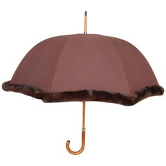 French Faux Mink Fur Trimmed Umbrella Parasol, 1990's