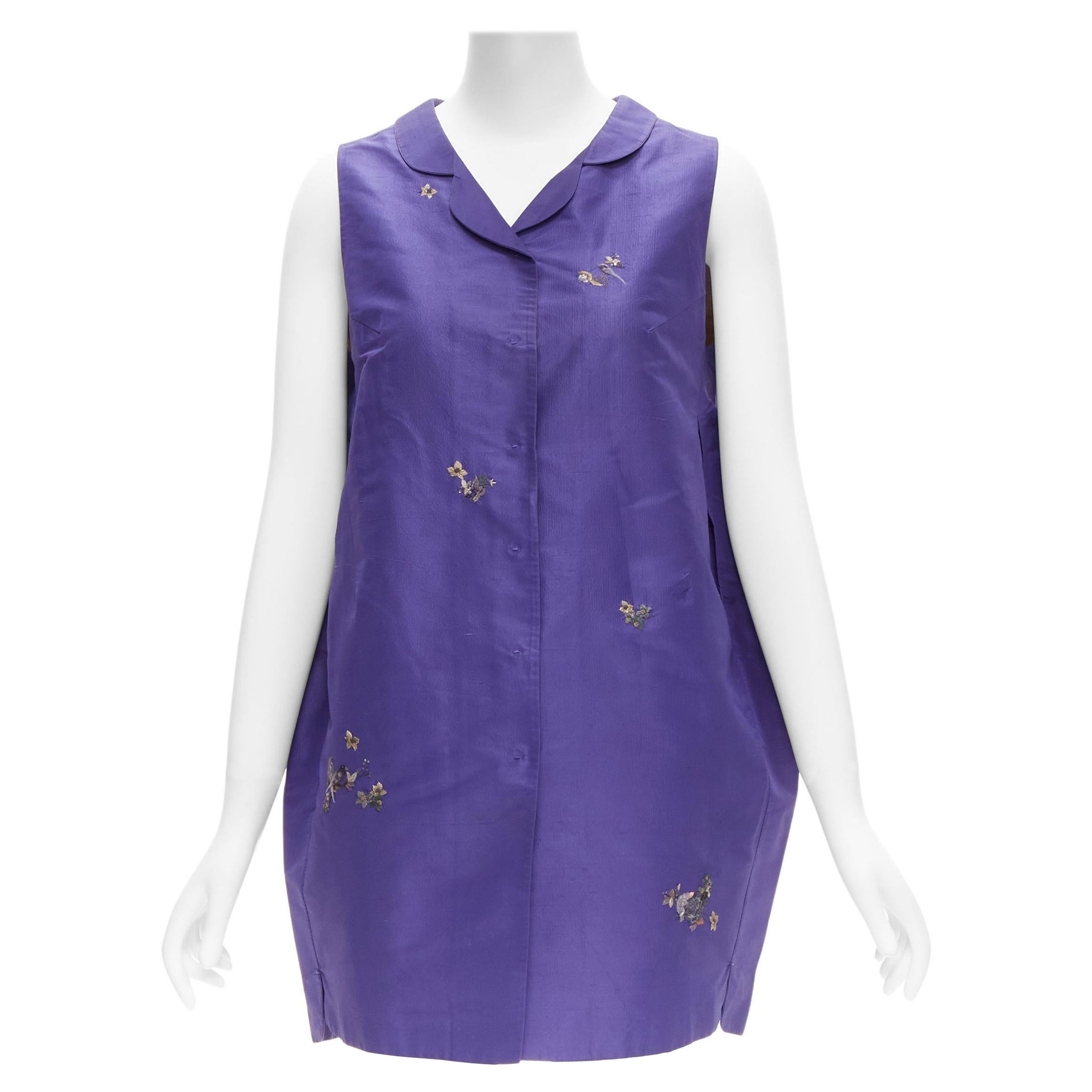 SHIATZY CHEN 100% silk voilet oriental floral bird embroidery cocoon vest IT44 L For Sale