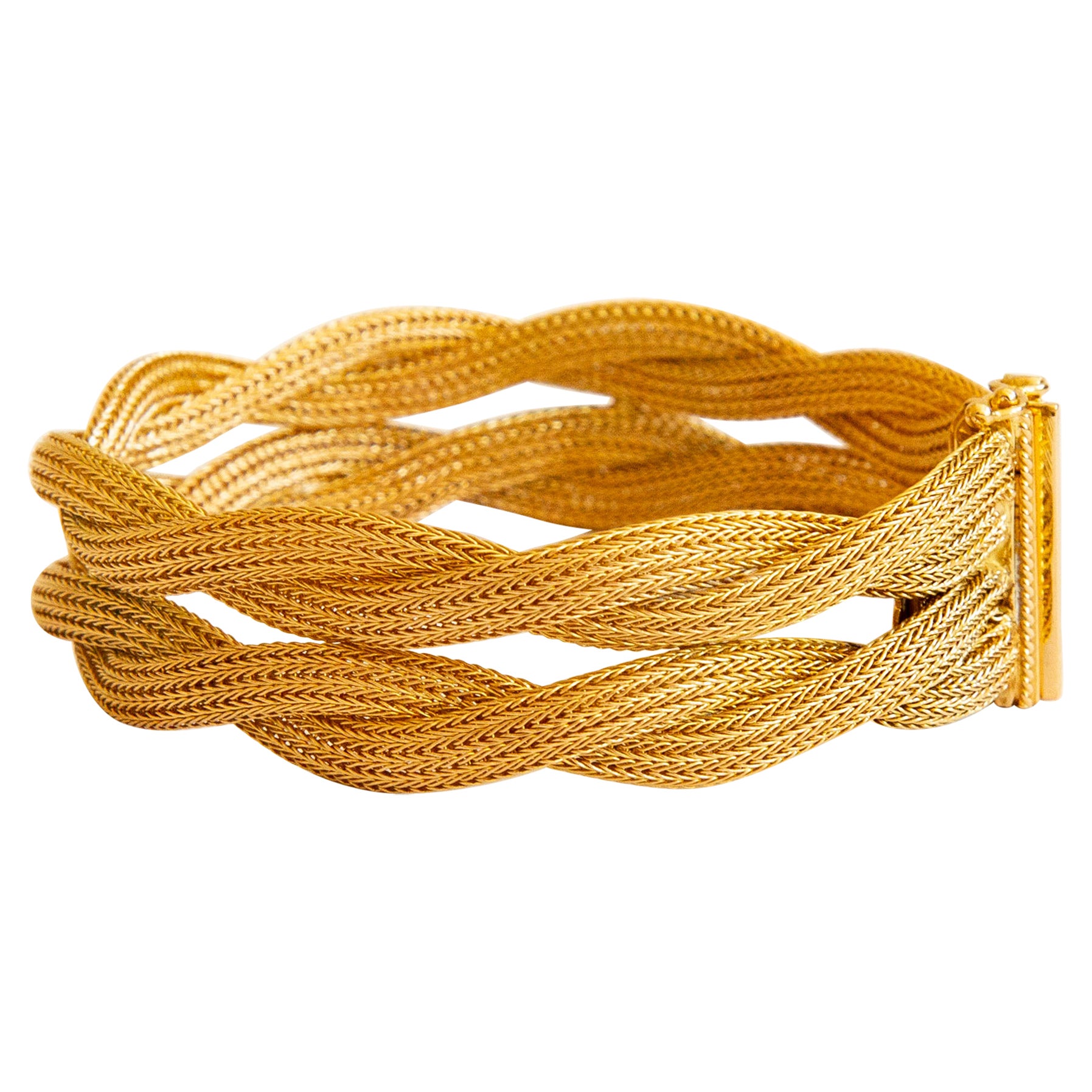 18 Karat Yellow Gold Vinted Two Row Braided Mesh Milanese Bracelet  For Sale