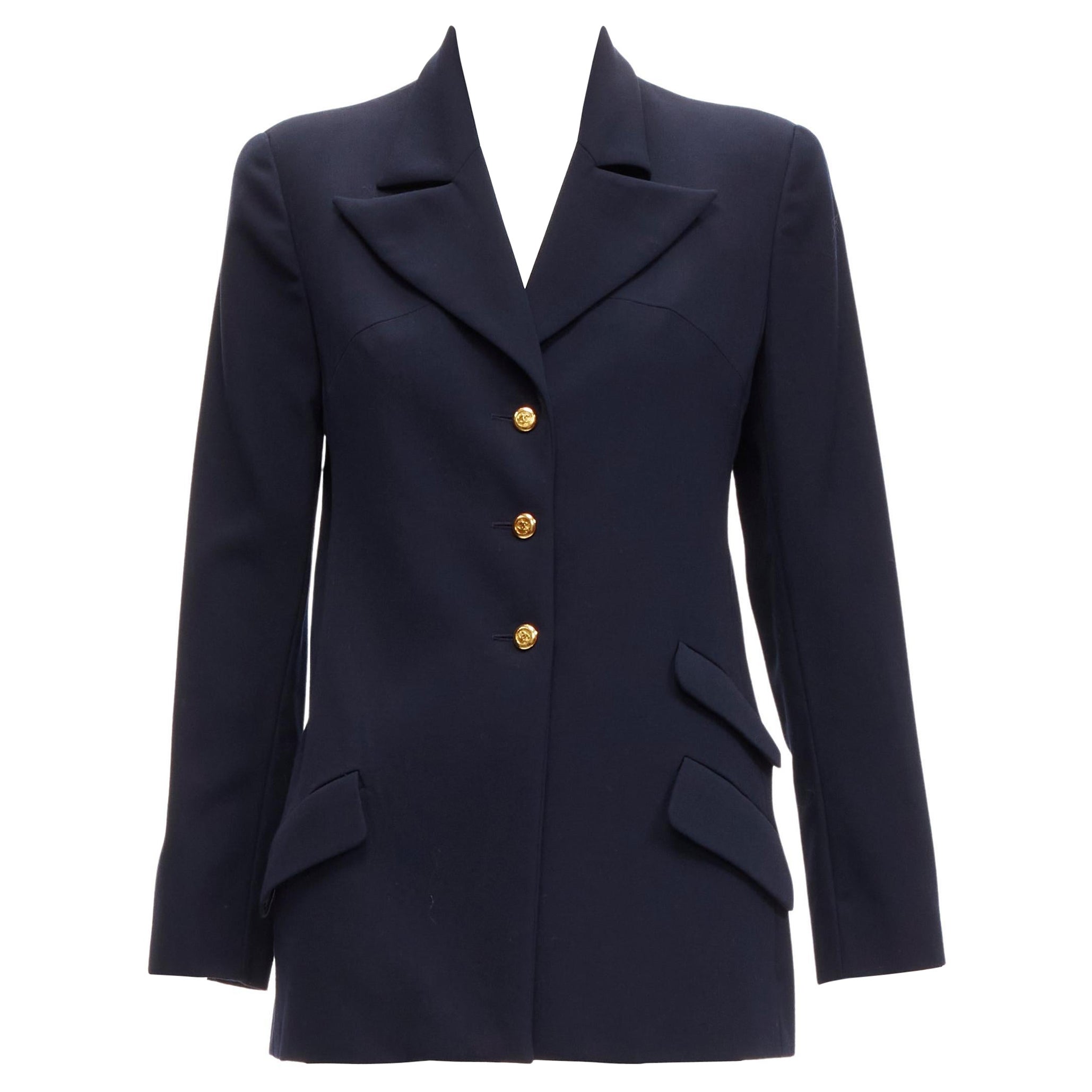 CHANEL navy gold CC buttons flap pockets military blazer jacket FR38 M For Sale