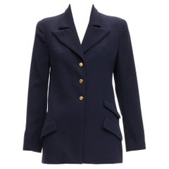 CHANEL navy gold CC buttons flap pockets military blazer jacket FR38 M