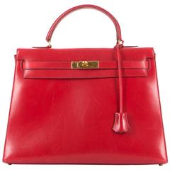 Vintage Hermes Red Gold Hardware Box Calf Leather "Kelly Sellier" 35 cm Bag