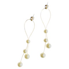 White Round Pearls Long Drop Tassel Chandelier Elegant Gold Pierced Earrings