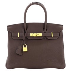 Hermes Birkin Handbag Chocolat Clemence with Gold Hardware 30