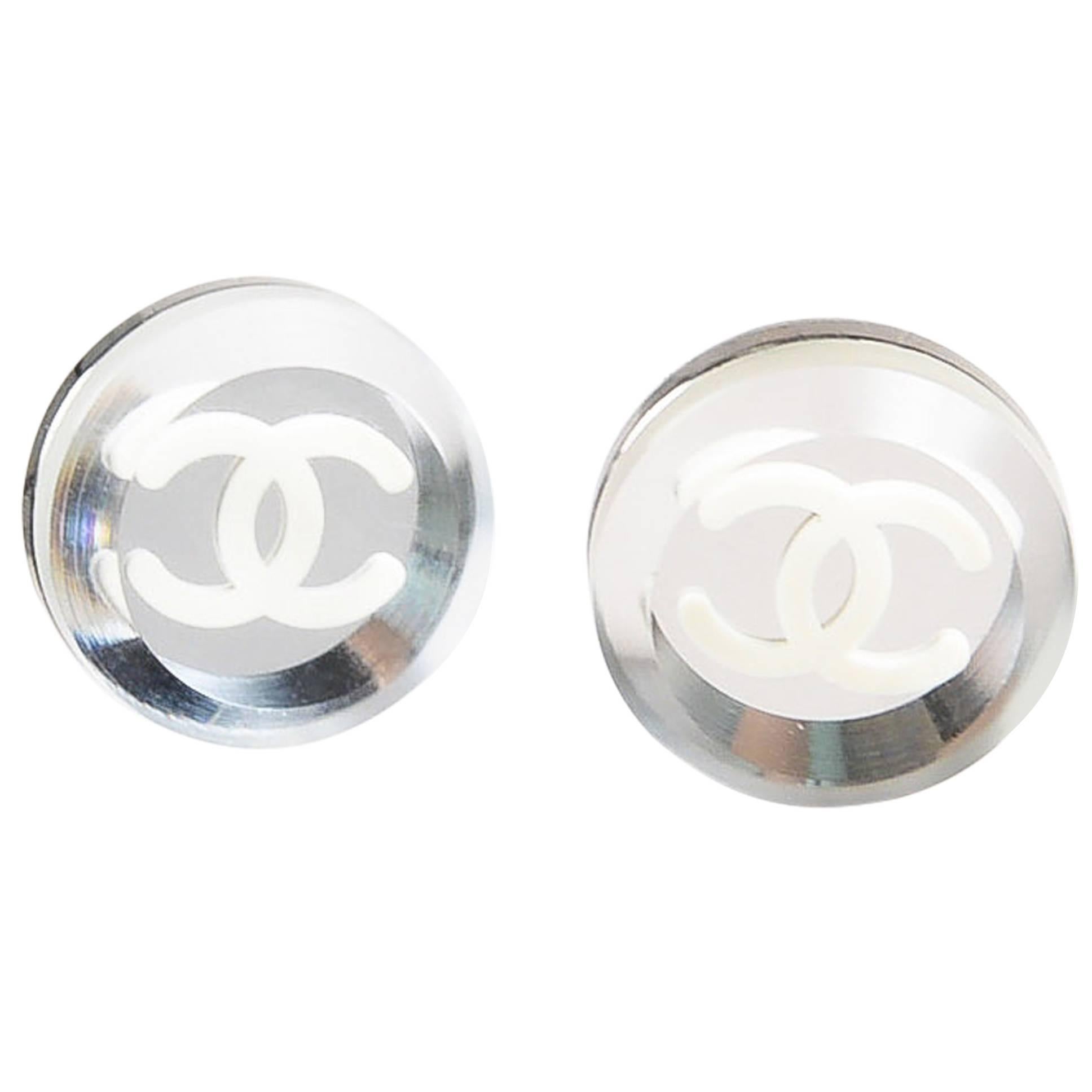 Chanel 03C Silver Tone White Mirror 'CC' Logo Circle Stud Earrings