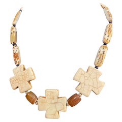 LB Triple Stone Cross Agate Bone Tribal Style casual Dramatic Necklace 