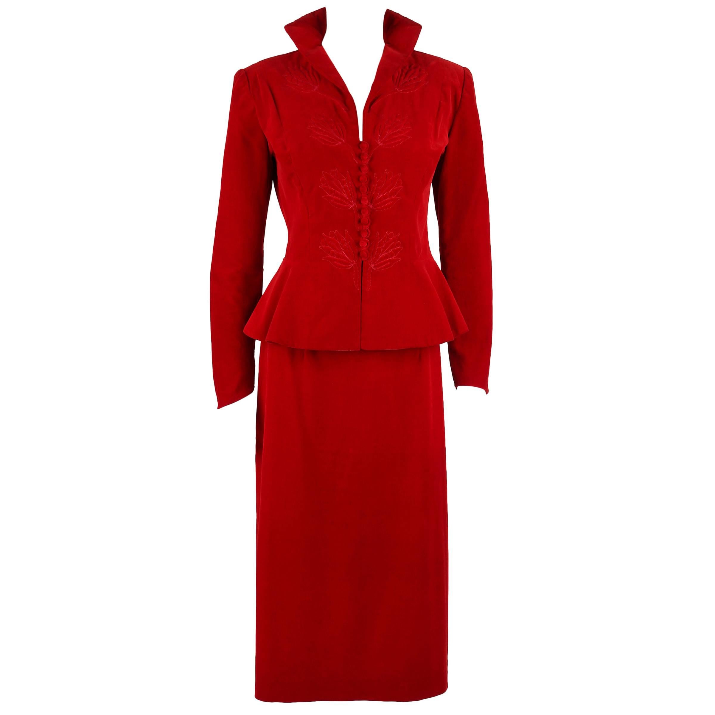 1940s COUTURE Red Velvet Trapunto Quilted Detail Jacket Skirt Suit Set