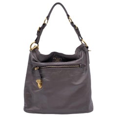 Prada Grey Distressed Leather Zip Pockets ote Shoulder Bag