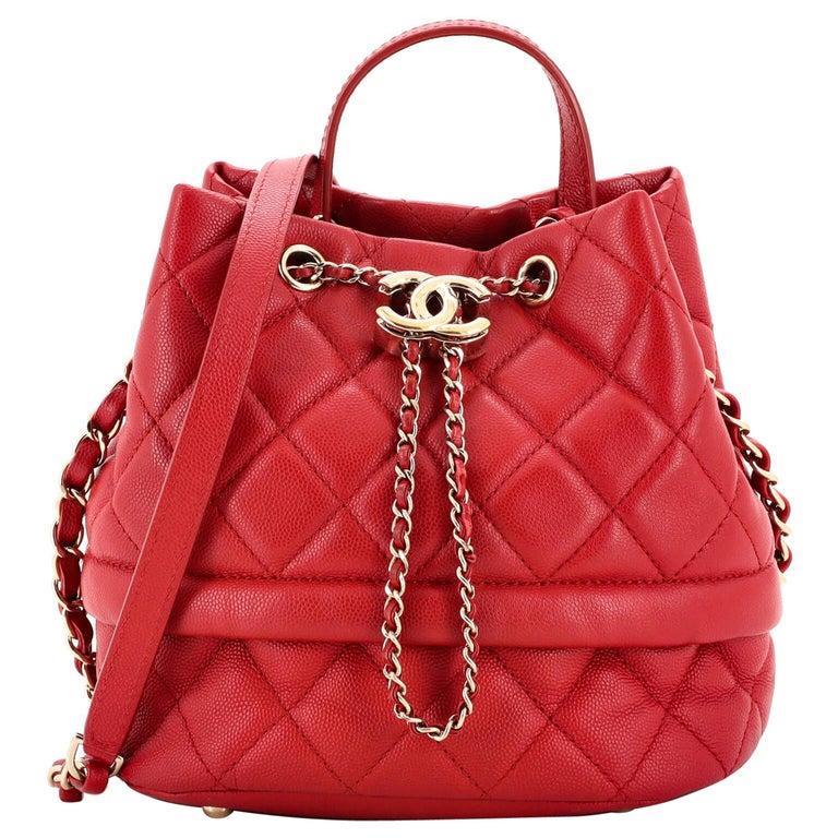 Chanel Rolled Up Drawstring Bucket Bag Quilted Caviar Small Red