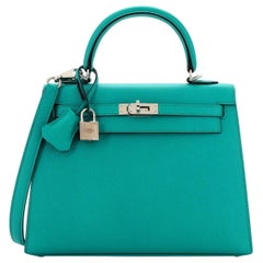 Hermes Kelly Handbag Bleu Paon Epsom with Palladium Hardware 25