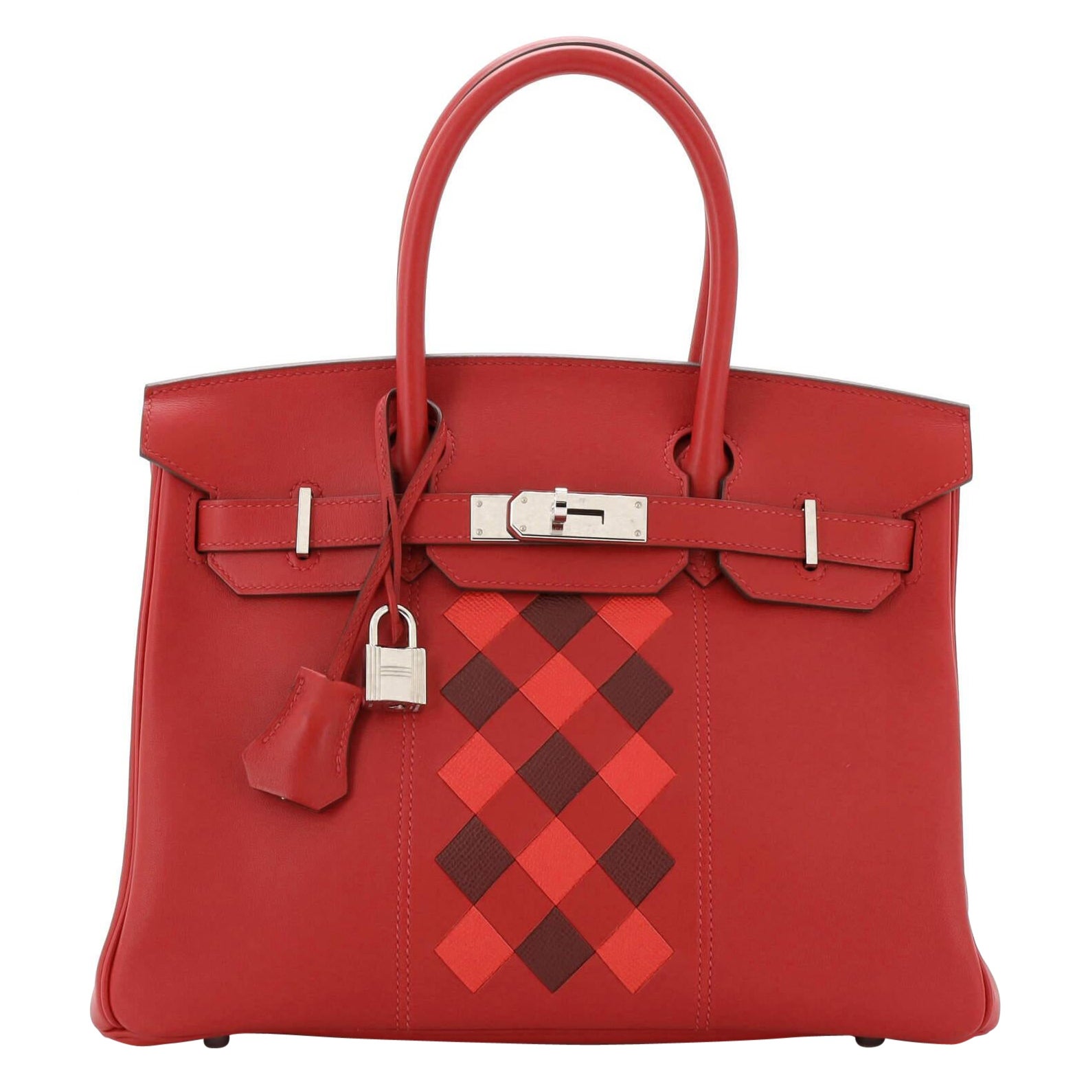 Hermes Birkin Handbag Tressage Red Swift and Palladium Hardware 30 For Sale