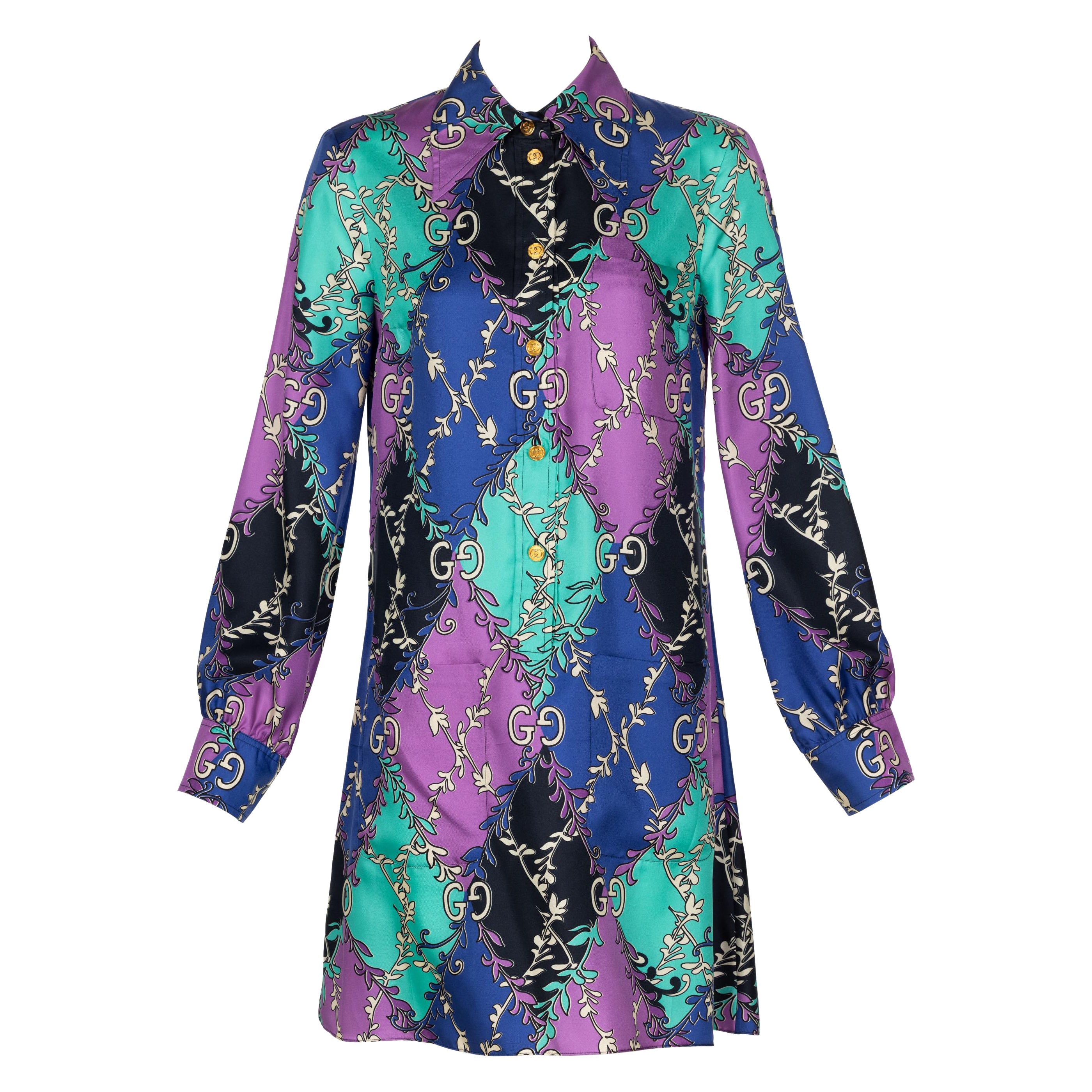 Gucci GG Rhombus Print Long Sleeve Silk Purple Print Shirtdress Resort 2020 For Sale