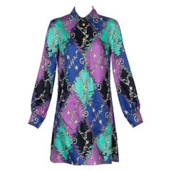 Gucci GG Rhombus Print Long Sleeve Silk Purple Print Shirtdress Resort 2020