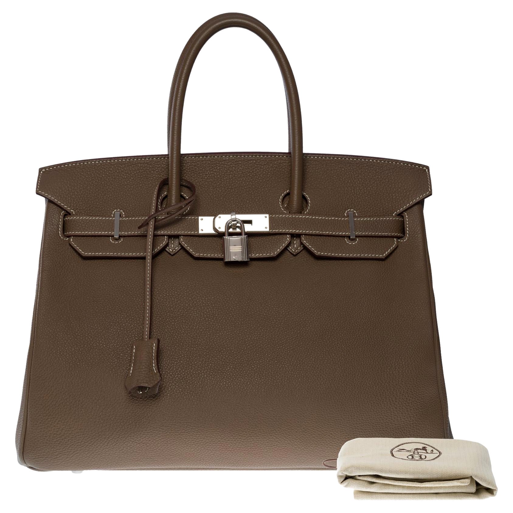 Superbe sac à main Hermès Birkin 35 en cuir etoupe Togo, SHW