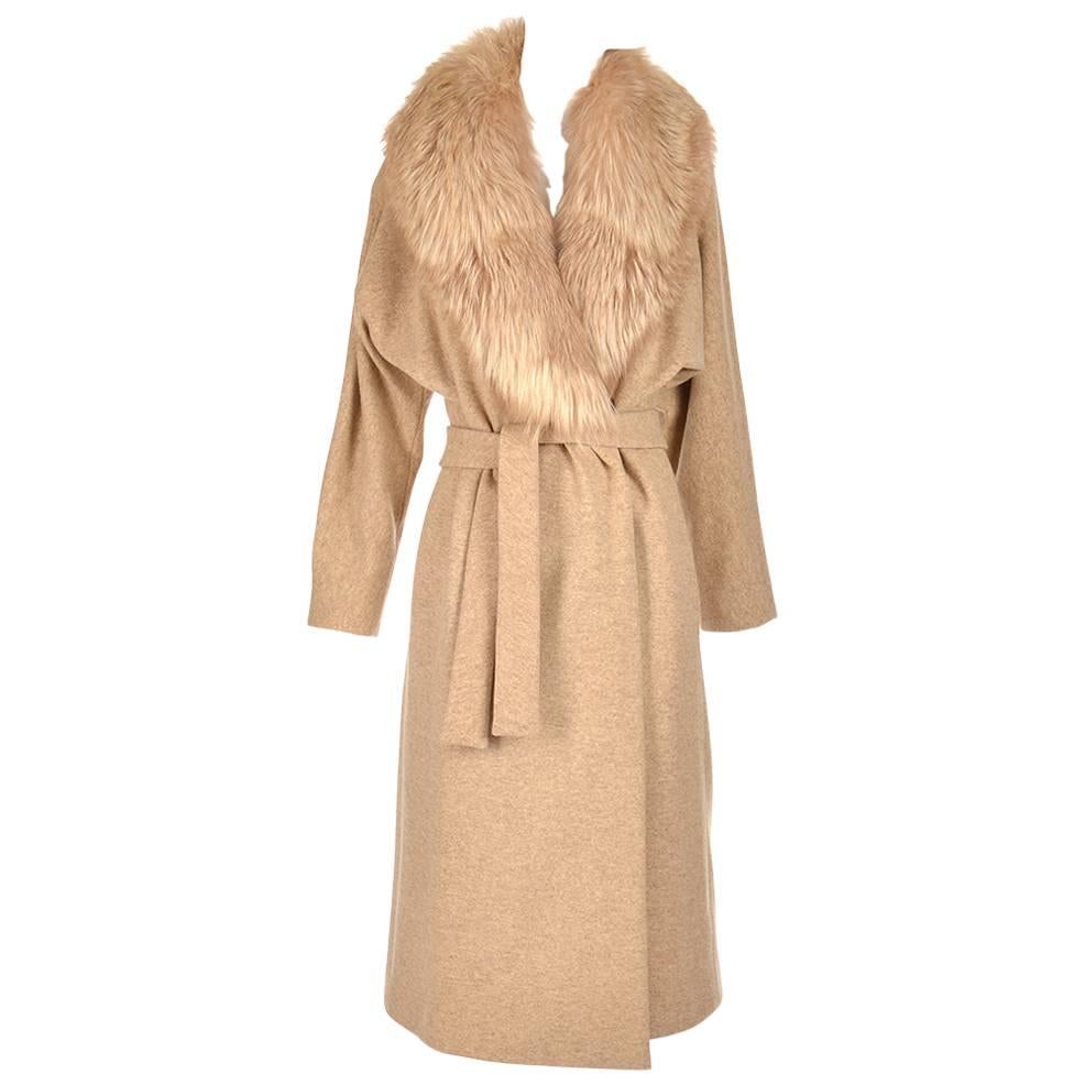Bill Blass Camel Colored Wool and Fox Fur Coat, Late 1970s  For Sale