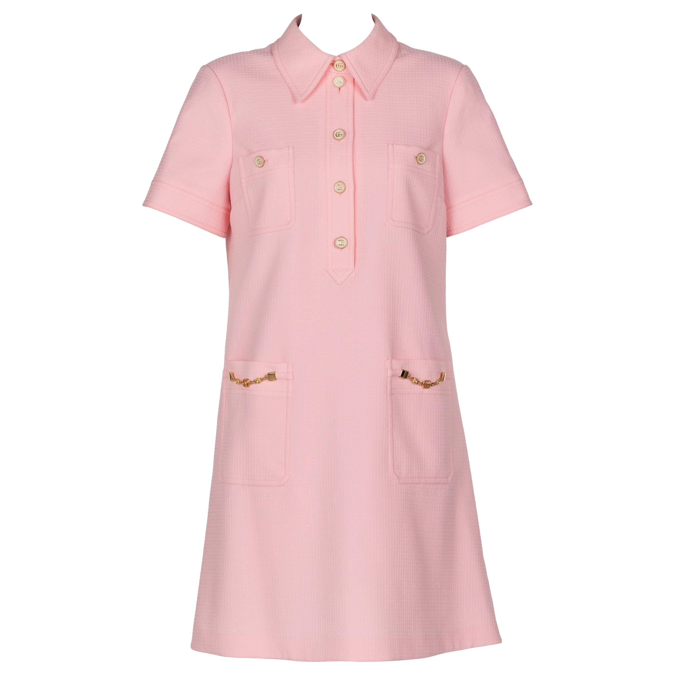 Gucci Pink Textured Chain Trim Mini Polo Dress New w/ Tags For Sale