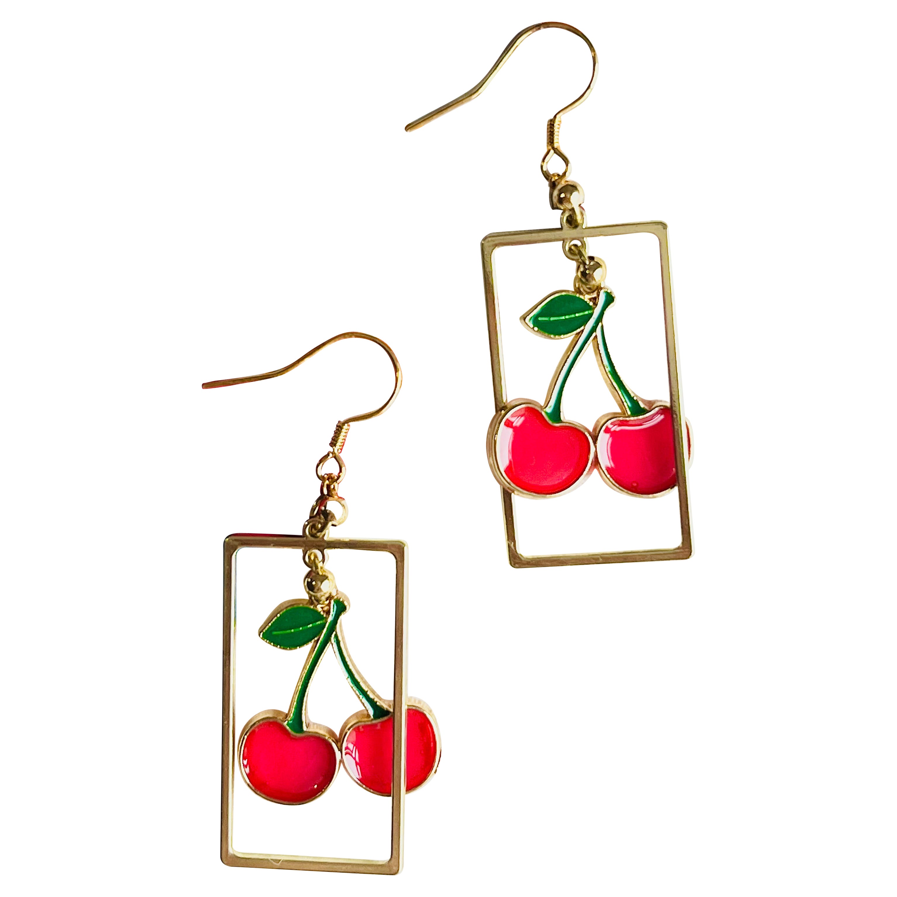 Red Cherry Rectangle Frame Pendant Hoop Rustic Retro Gold Drop Pierced Earrings For Sale