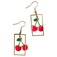 Red Cherry Rectangle Frame Pendant Hoop Rustic Retro Gold Drop Pierced Earrings (boucles d'oreilles percées)