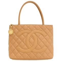 Chanel Revival Beige Quilted Caviar Leather Tote Hand Bag