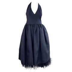 1990s James Purcell Black Silk Ostrich Feather Retro 90s Cocktail Halter Dress