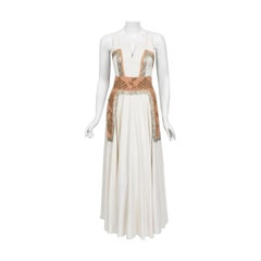 Vintage 1950's Lanvin Castillo Couture Metallic Embroidered Ivory Linen Gown Set