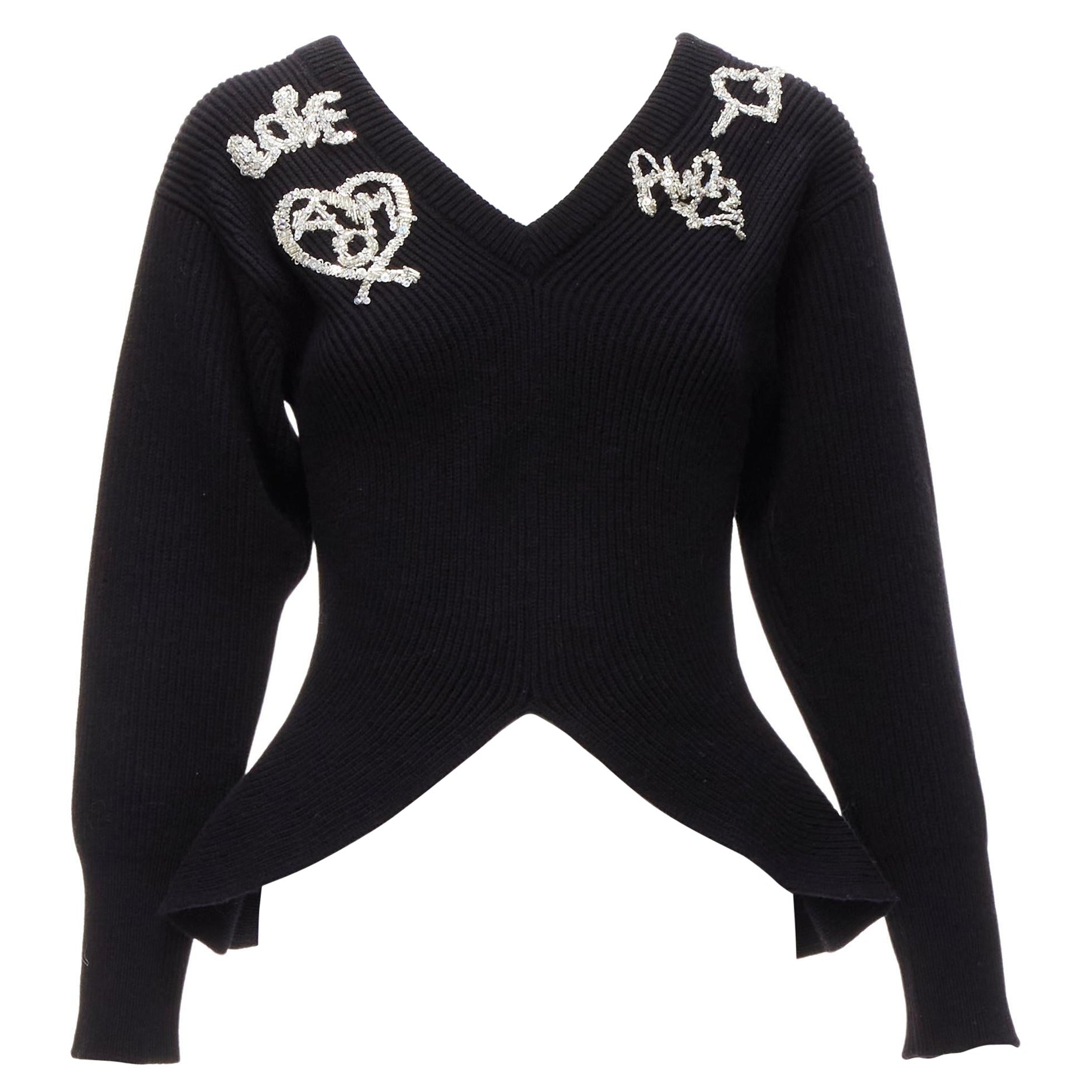 ALEXANDER MCQUEEN 2022 black logo beads embellished peplum ribbed sweater S For Sale