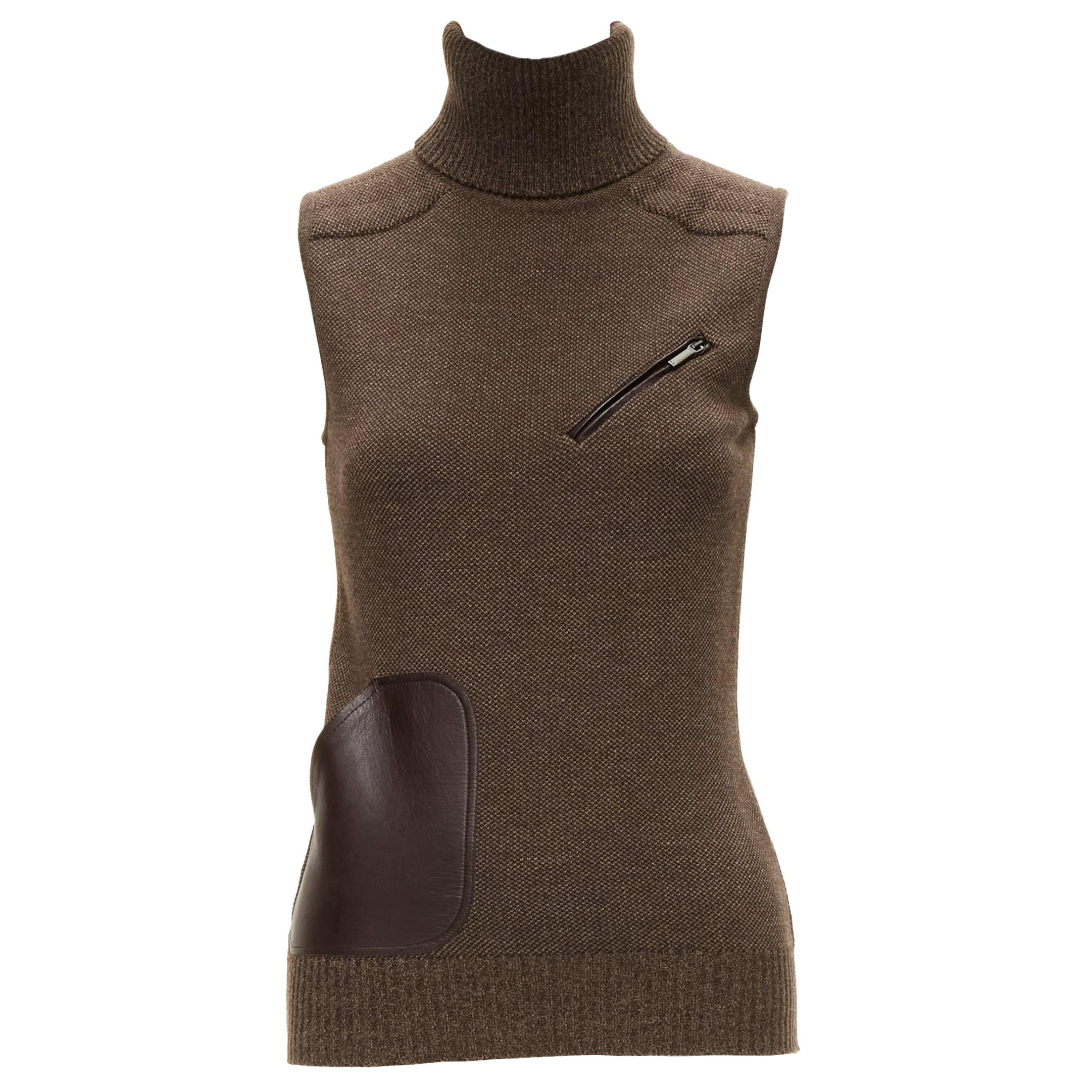 CHRISTIAN DIOR Vintage brown leather patch pocket wool blend turtle vest FR36 S