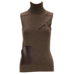 CHRISTIAN DIOR Vintage brown leather patch pocket wool blend turtle vest FR36 S