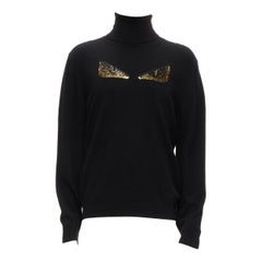 FENDI 100% cachemire noir clous perlés yeux de monstres pull à col roulé IT50 L