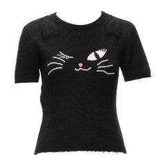 rare MOSCHINO BOUTIQUE black winking cat 3D ears furry cropped sweater IT42 M