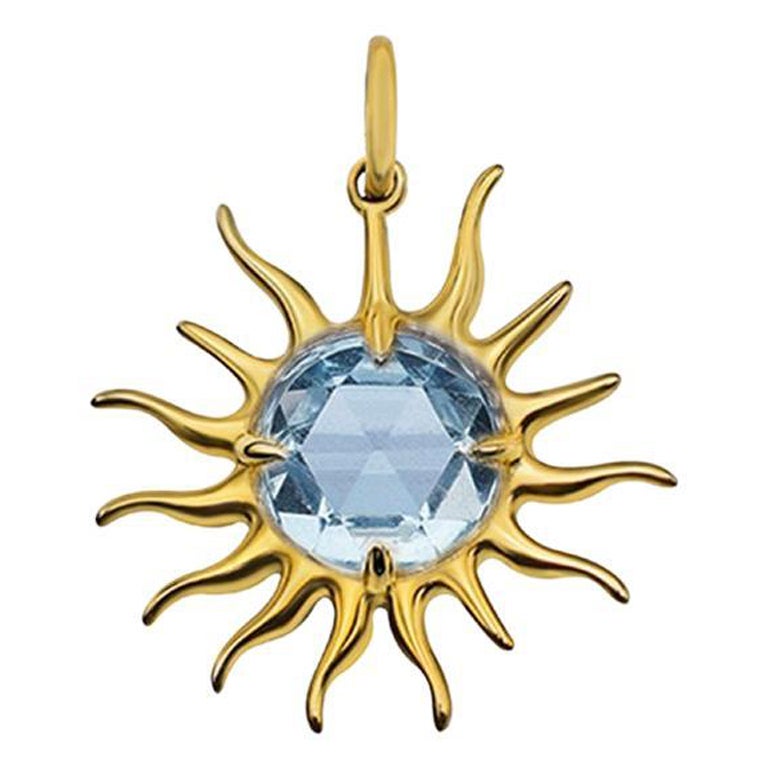 Rose Cut Blue Sapphire Golden Sun Pendant, 18kt Gold with Paper-link Chain For Sale