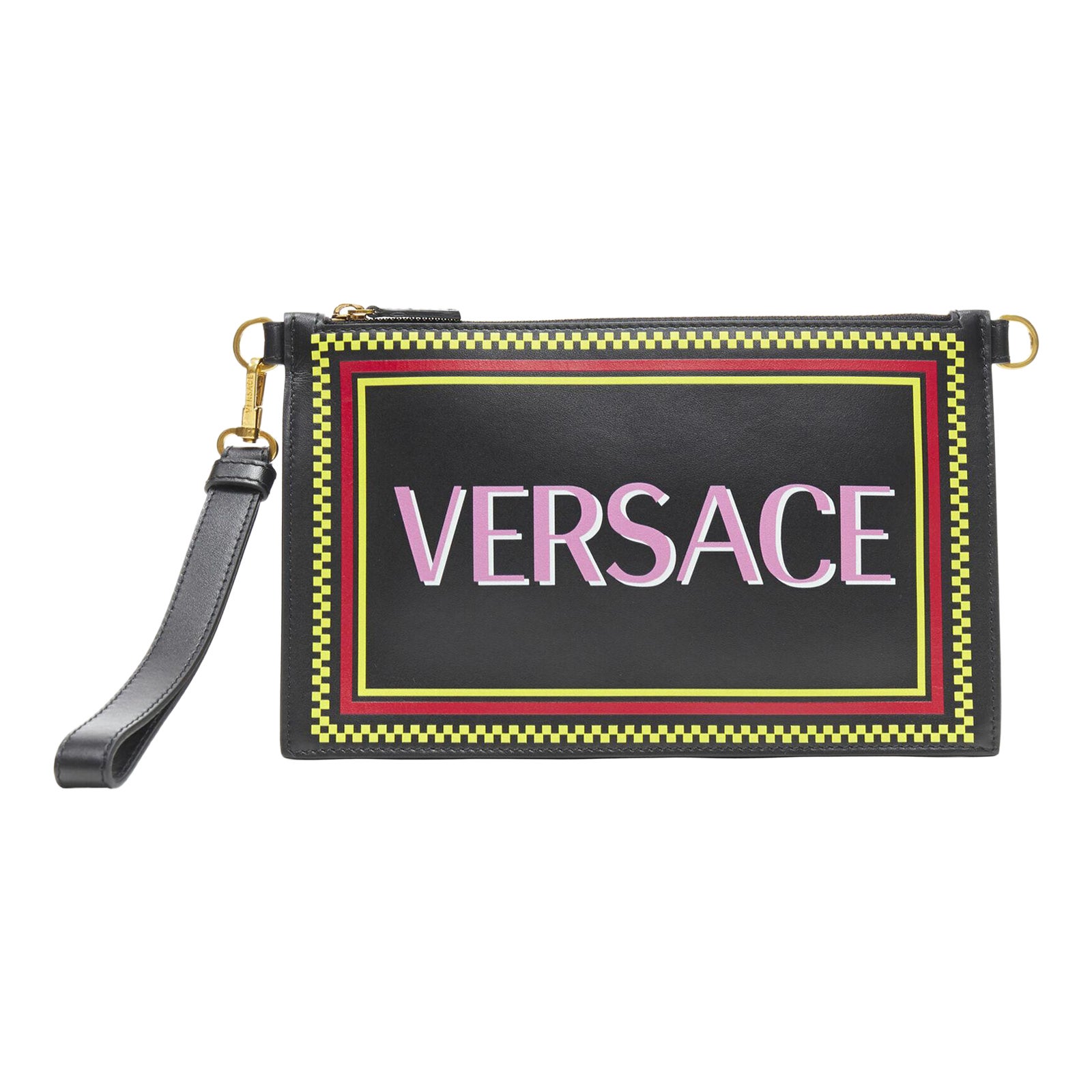 new VERSACE 90s graphic logo black calf zip pouch crossbody clutch bag For Sale