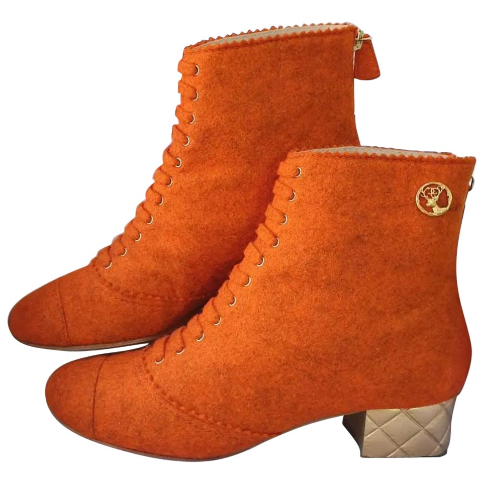 Chanel Paris-Salzburg Orange TextileQuilted Gold Heel Ankle Boots  For Sale