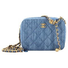 Chanel Pearl Crush Zip Around Vanity Case with Chain Quilted Denim Mini