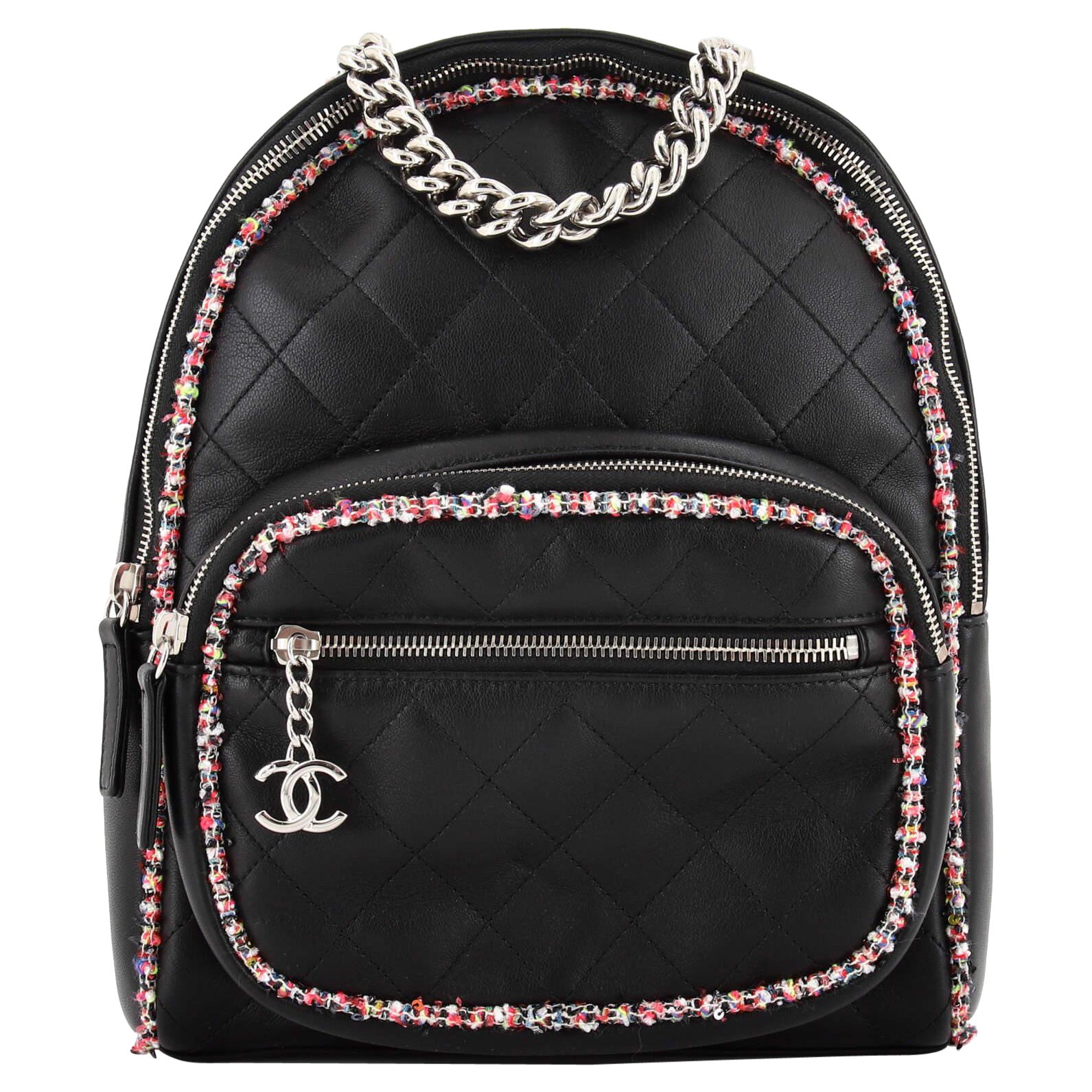 Chanel Elegant Trim Backpack Quilted Leather with Tweed Small