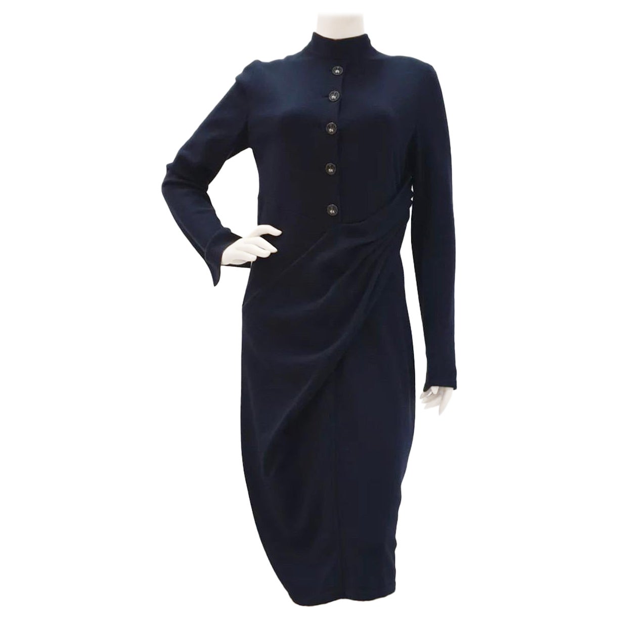 CHANEL 12A Navy Blue Wool Long Sleeve CC Logo Dress For Sale