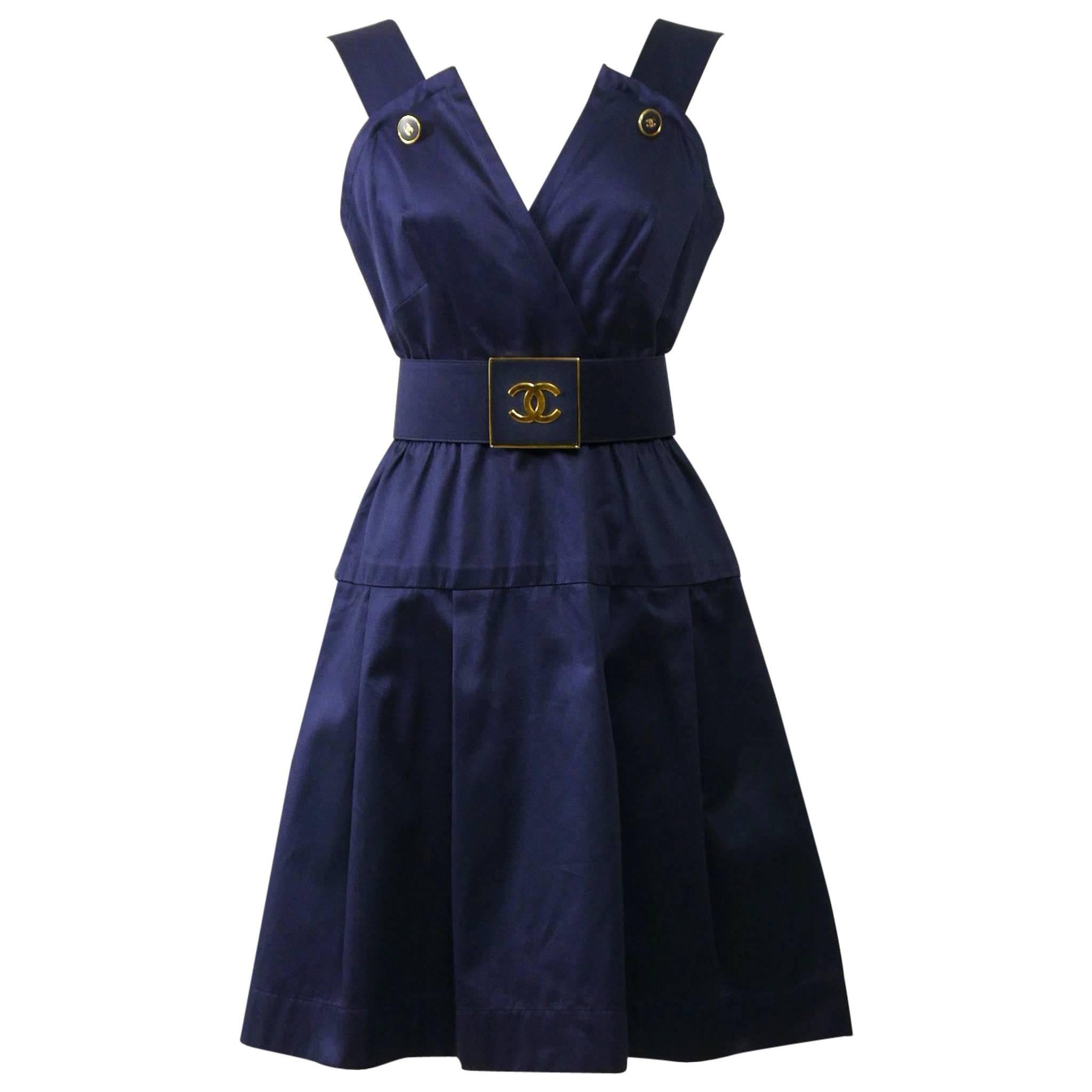 1990s CHANEL Blue Navy Cotton Dress