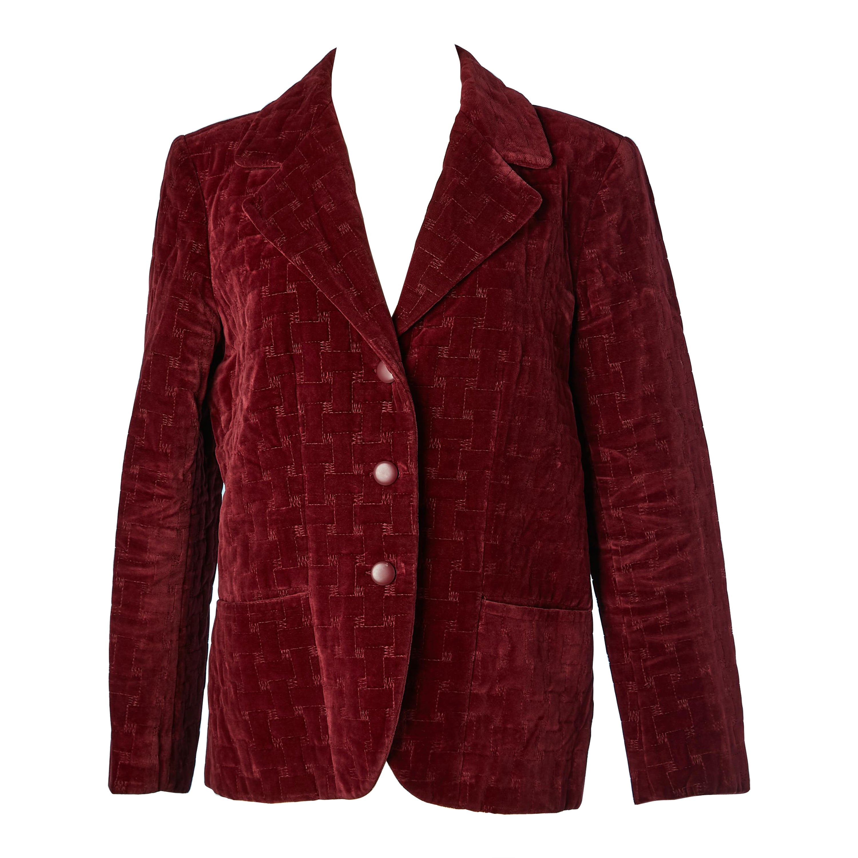 Burgundy velvet jacket padded and top-stitched Jean Patou Boutique  For Sale