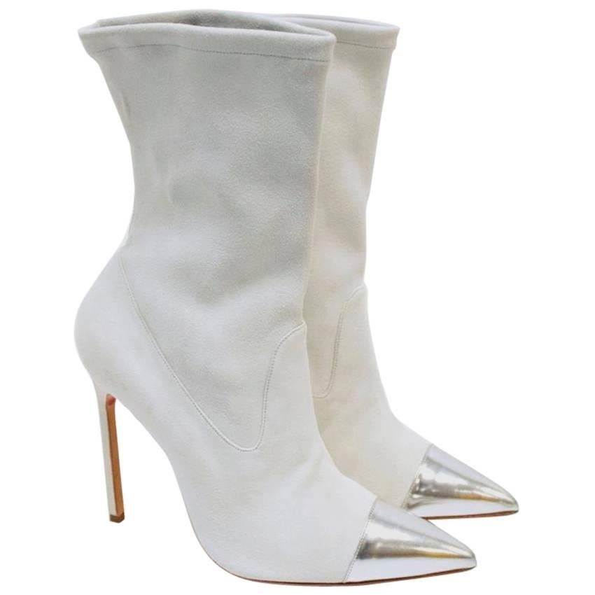 Manolo Blahnik Cream Pointed Sock Boots With Silver Toe For Sale