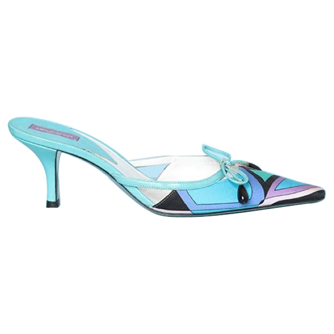 Printed fabric and blue leather mule shoes  with bow and beads Emilio Pucci  For Sale