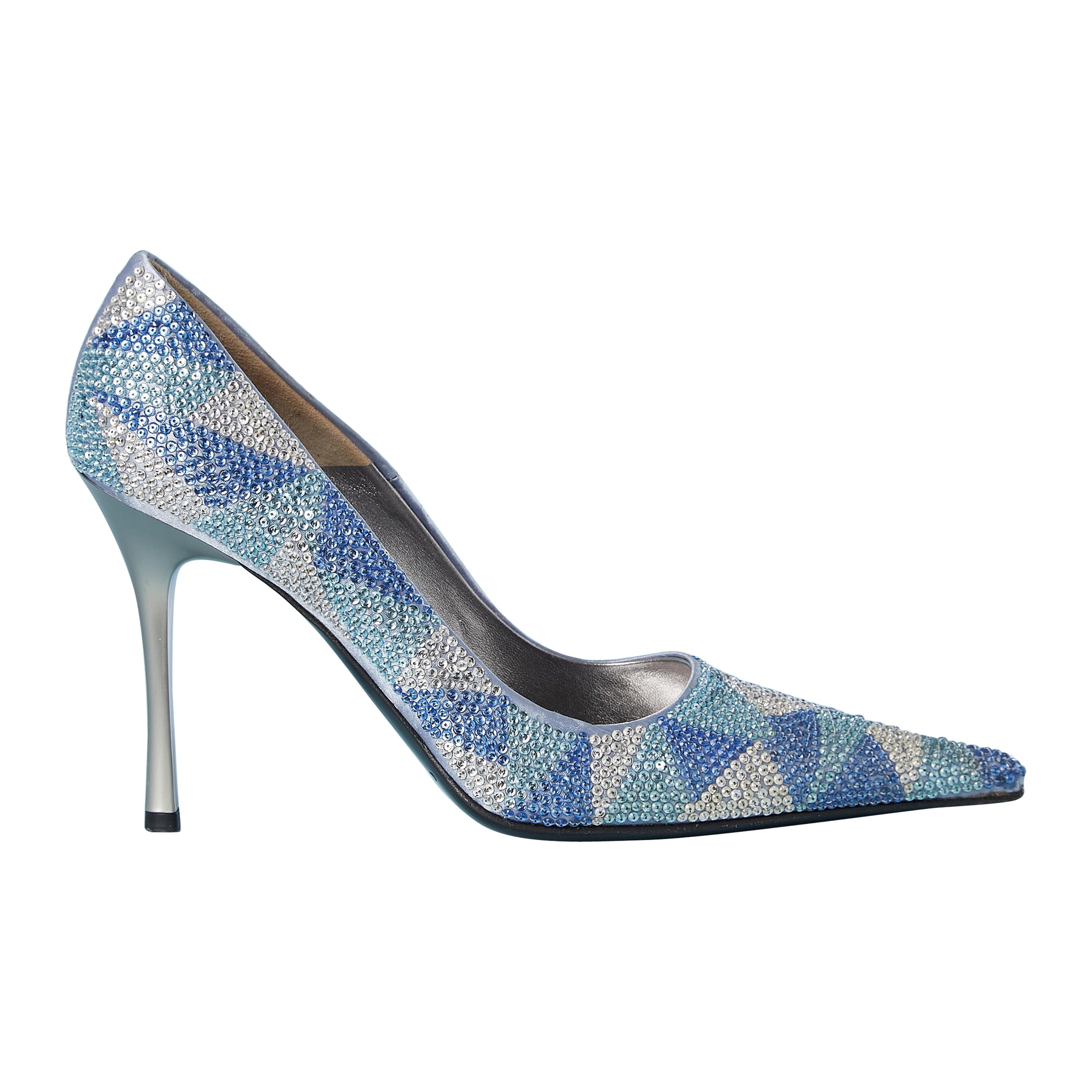 Pale blue satin pump covered with blue and silver rhinestone Gianmarco Lorenzi 