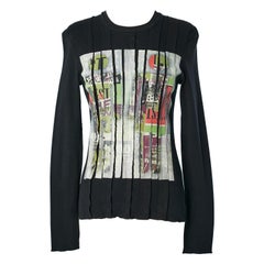 Schwarzes Jersey-T-Shirt mit in Streifen geschnittener Applikation Jean Paul Gaultier Jeans